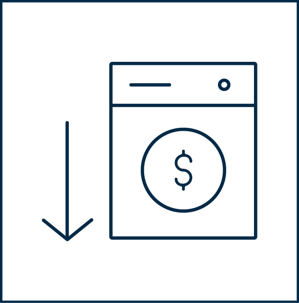 Illustration of a washing machine with a dollar sign, indicating cost savings or reduced expenses.