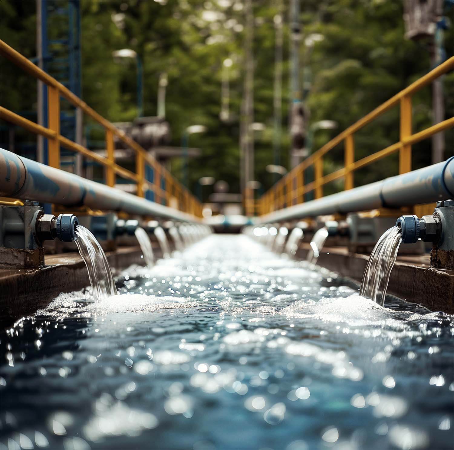 Water flowing through pipelines in a lush green environment, showcasing industrial water management.