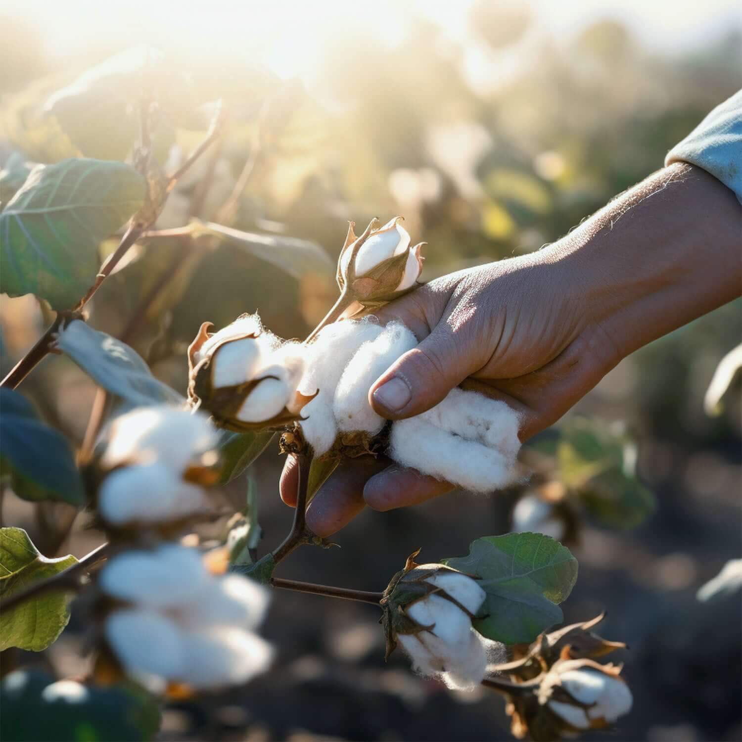 Close-up of a hand picking fluffy cotton from a cotton plant, showcasing agriculture and natural fibers.