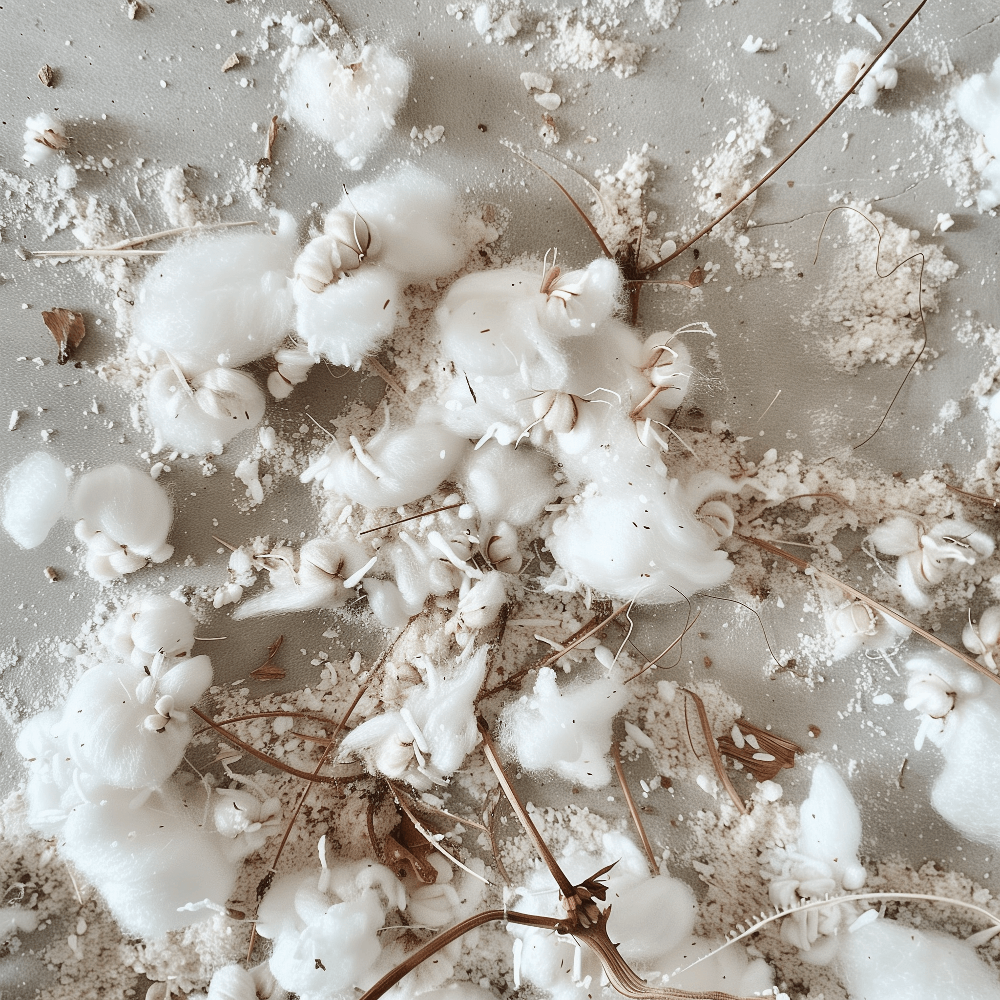 Close-up of cotton plant fibers and seeds scattered on a surface, showcasing natural textures and colors.