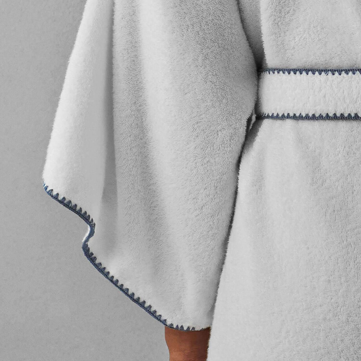 Close-up of Bordado Hooded Robe featuring Millennial grey trim and ¾ sleeve design for stylish comfort.