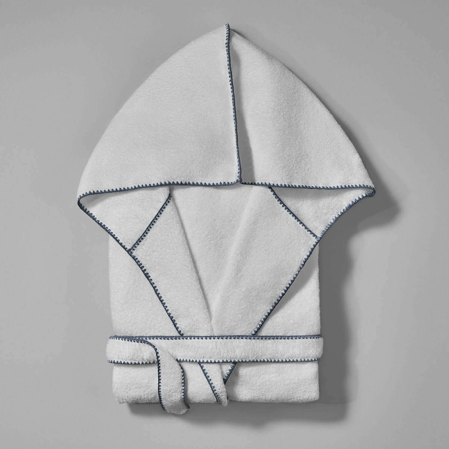 Stylish Bordado Hooded robe in white with gray trim, ¾ sleeves, ideal for hotels and spas.