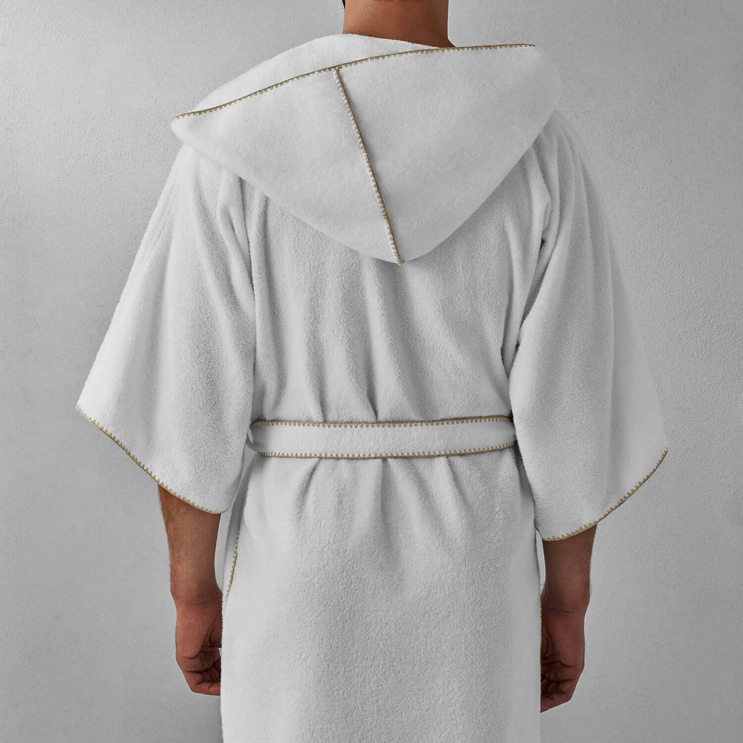 Stylish Bordado Hooded Sand Trim robe featuring a chill-resistant hood and self-tie belt, perfect for luxurious comfort.