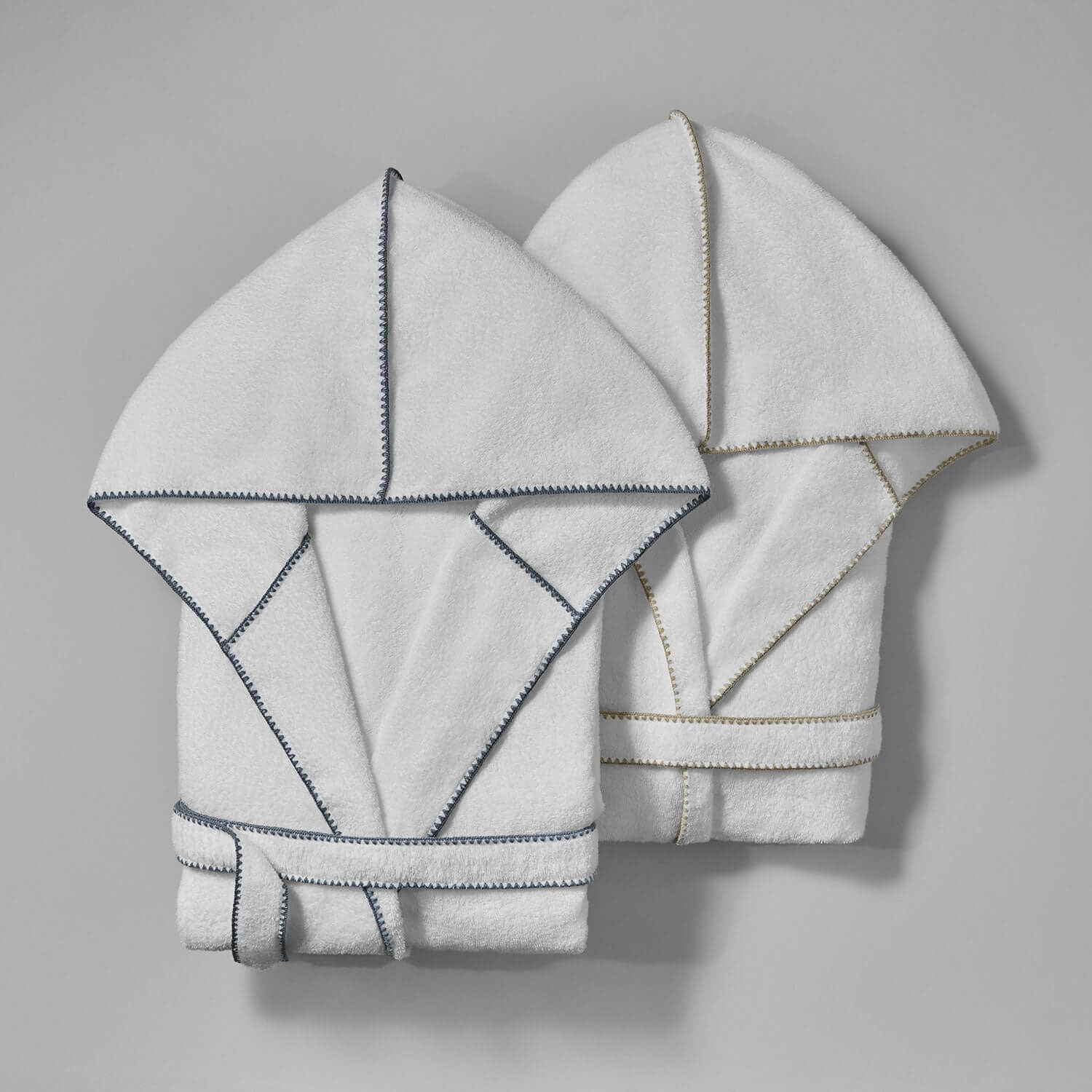 Bordado Hooded Sand Trim robes featuring chill-resistant hoods in Millennial grey and luxury trims, perfect for hotels and spas.