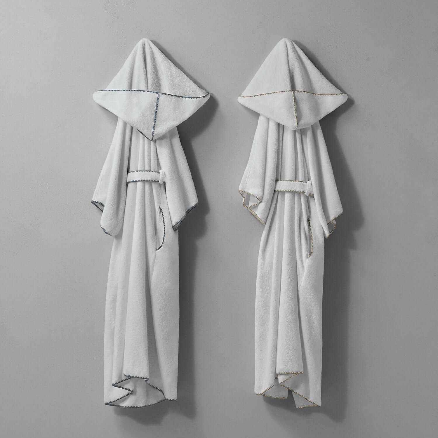 Bordado Hooded Sand Trim robe with elegant hood and self-tie belt, perfect for luxury hotels and spas.