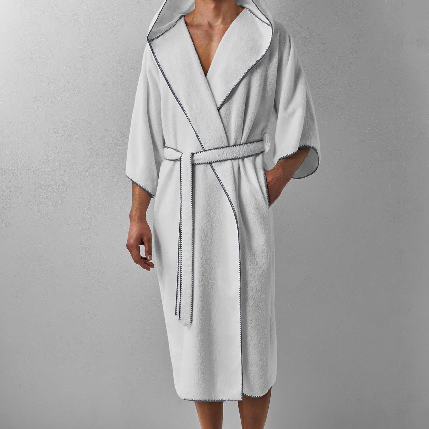 Bordado Hooded Gray Trim robe with ¾ sleeves and self-tie belt, perfect for hotels and spas.