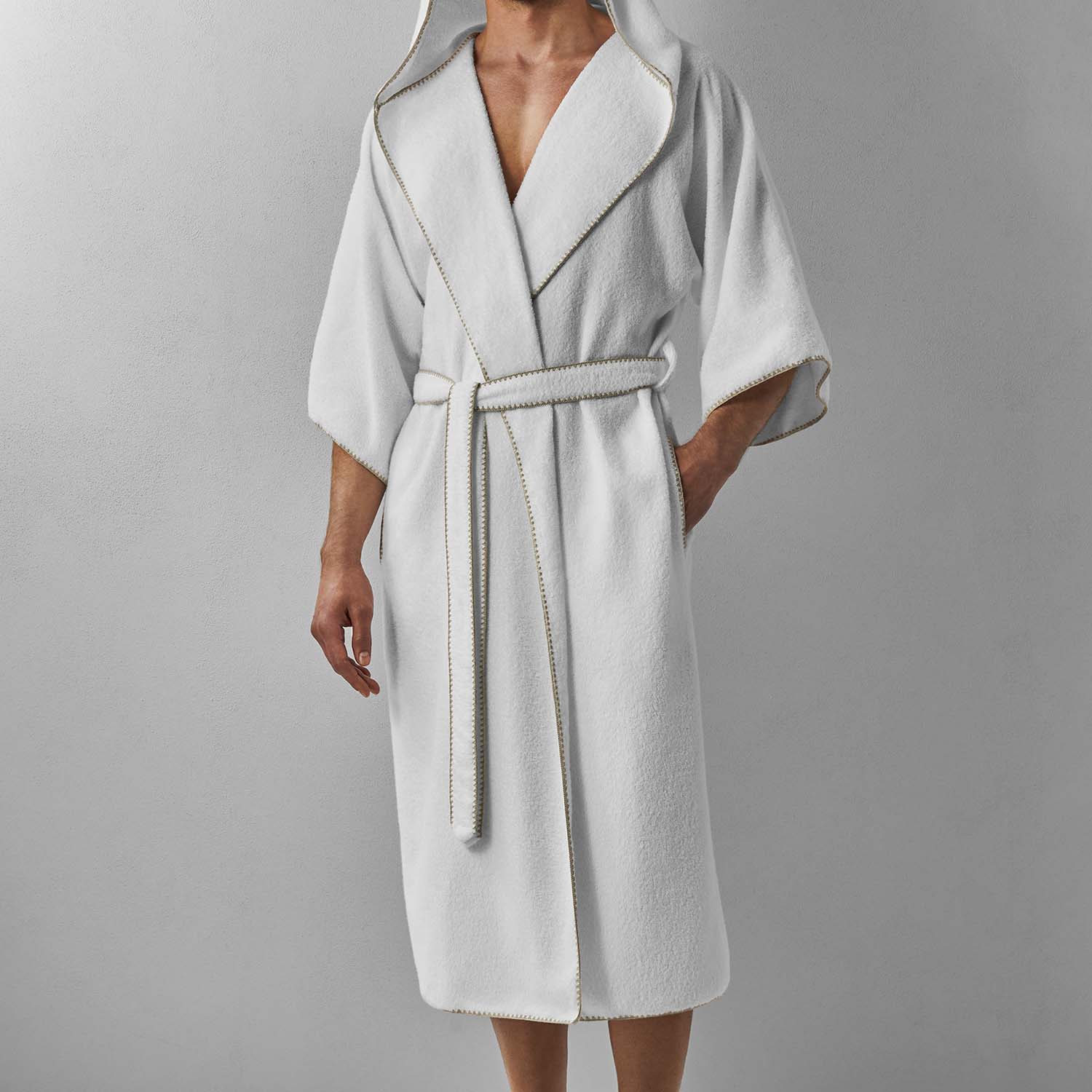 Bordado Hooded Sand Trim Wholesale robe, plush weave, chill-resistant hood, perfect for hotels and spas.