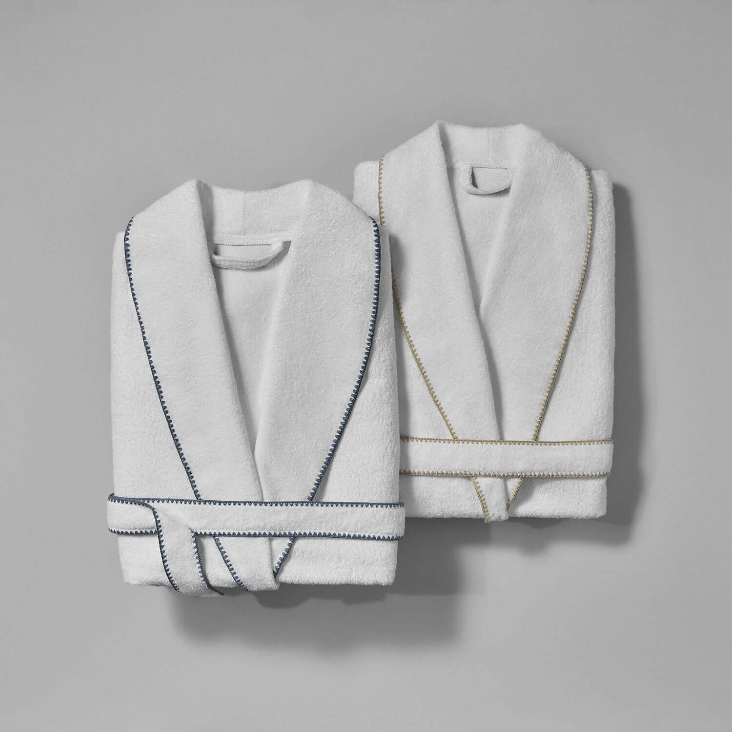 Bordado Shawl Sand Trim in millennial grey and olive green, plush shawl-collar robes for ultimate comfort.