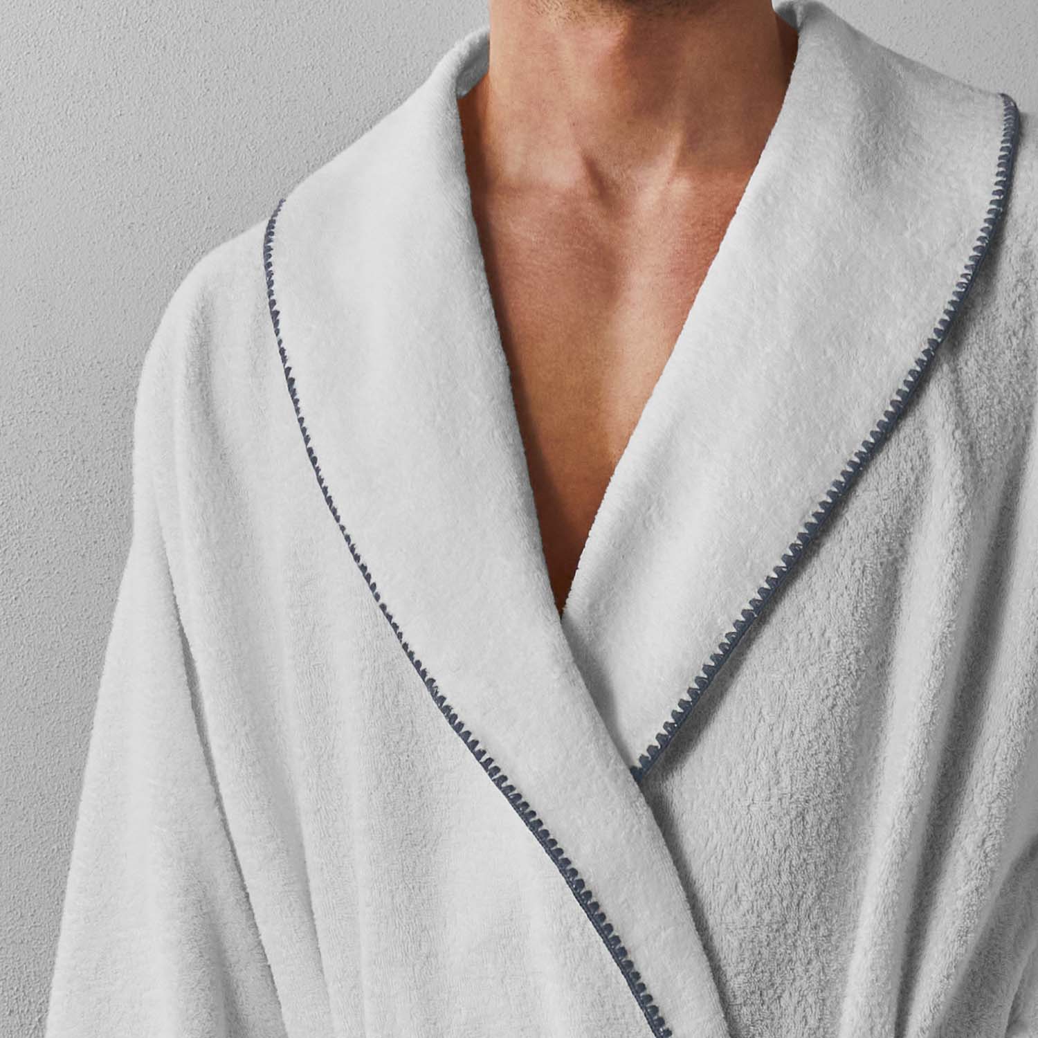 Modern gray-trim shawl collar robe featuring plush weave for comfort, perfect for lounging or after a shower.