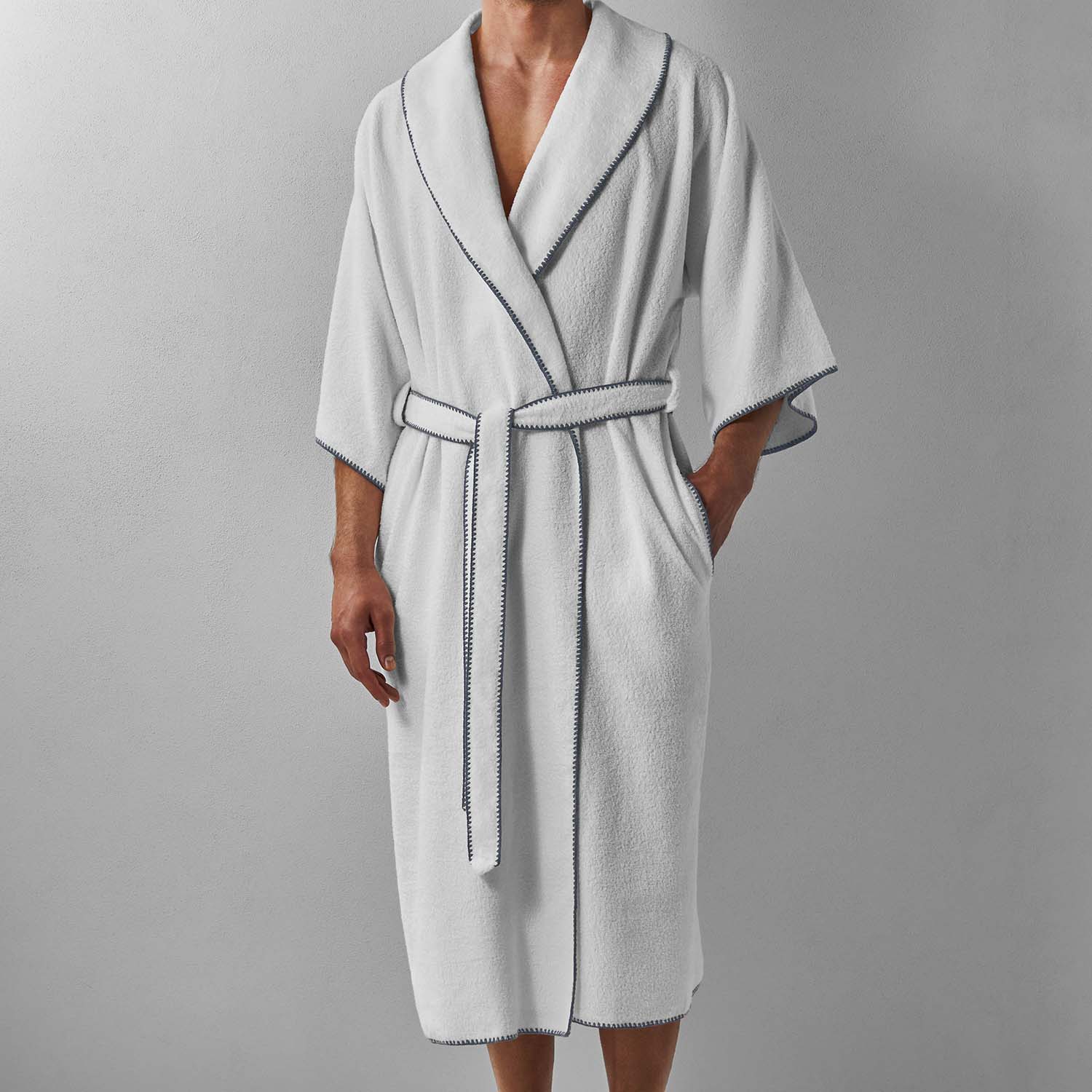 Modern gray-trimmed shawl-collar robe, plush weave for comfort and quick drying, ideal for lounging and after showers.