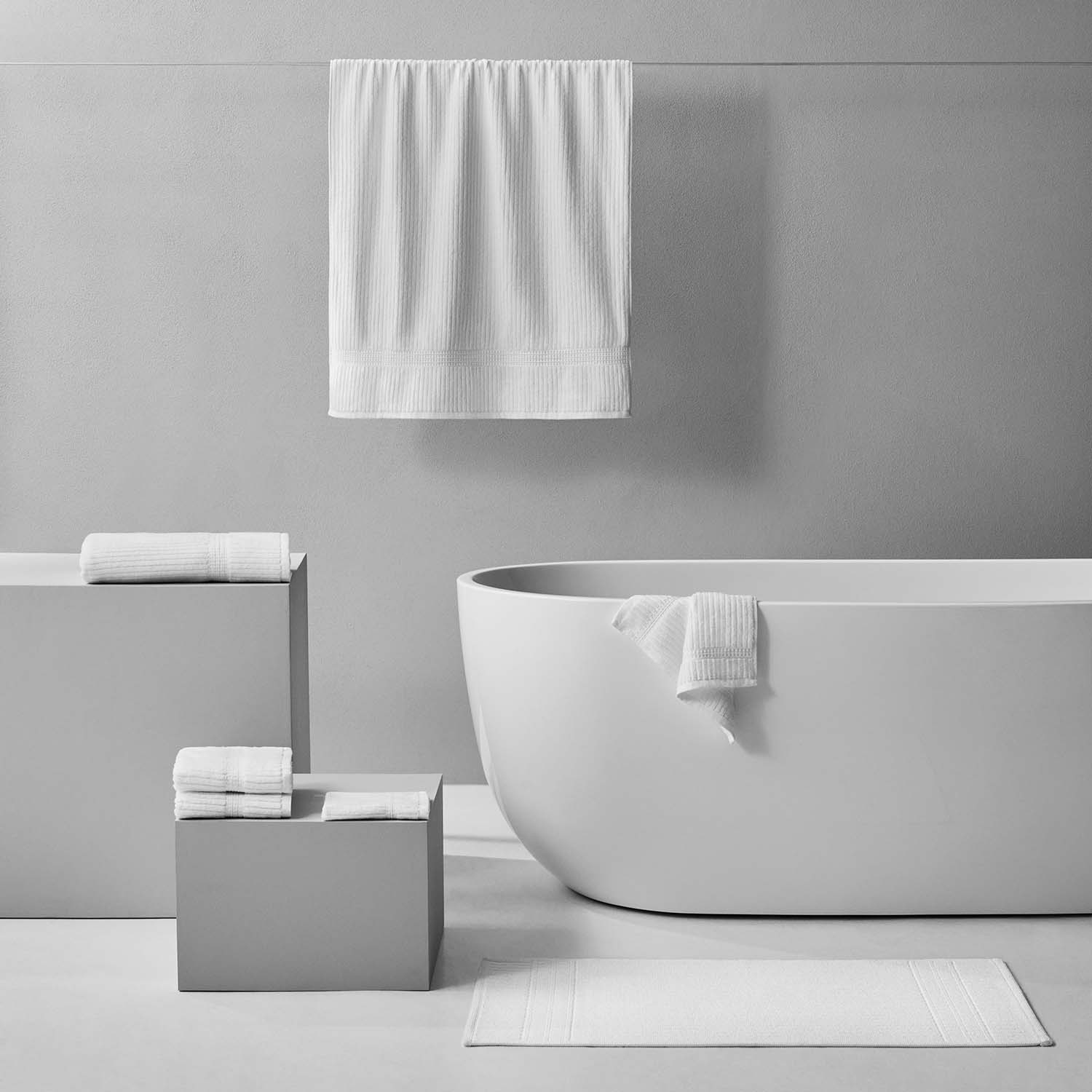 Canelado Towel displayed in a modern bathroom, perfect for daily spa rituals at home.