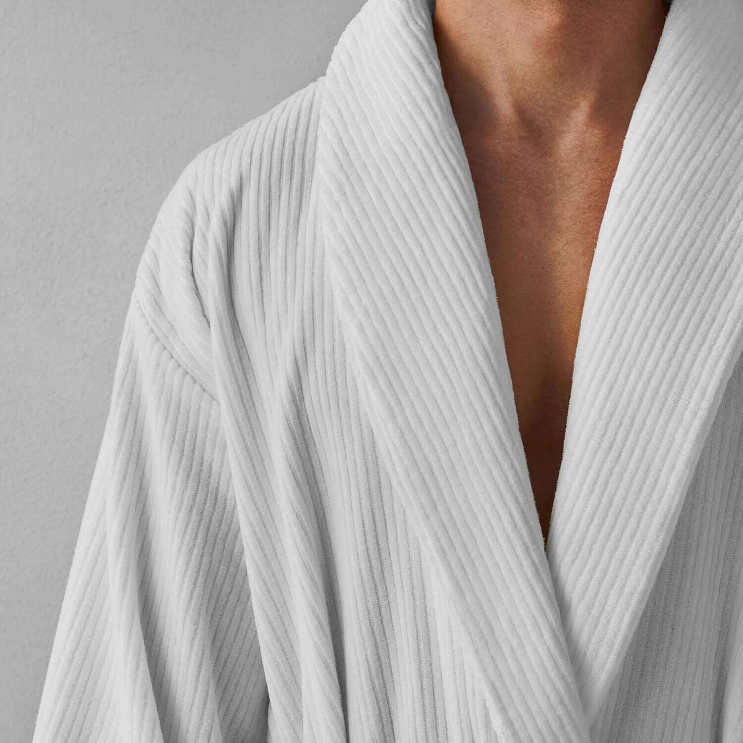 Luxor Shawl in white, featuring a retro shawl collar design, perfect for luxurious at-home spa rituals.