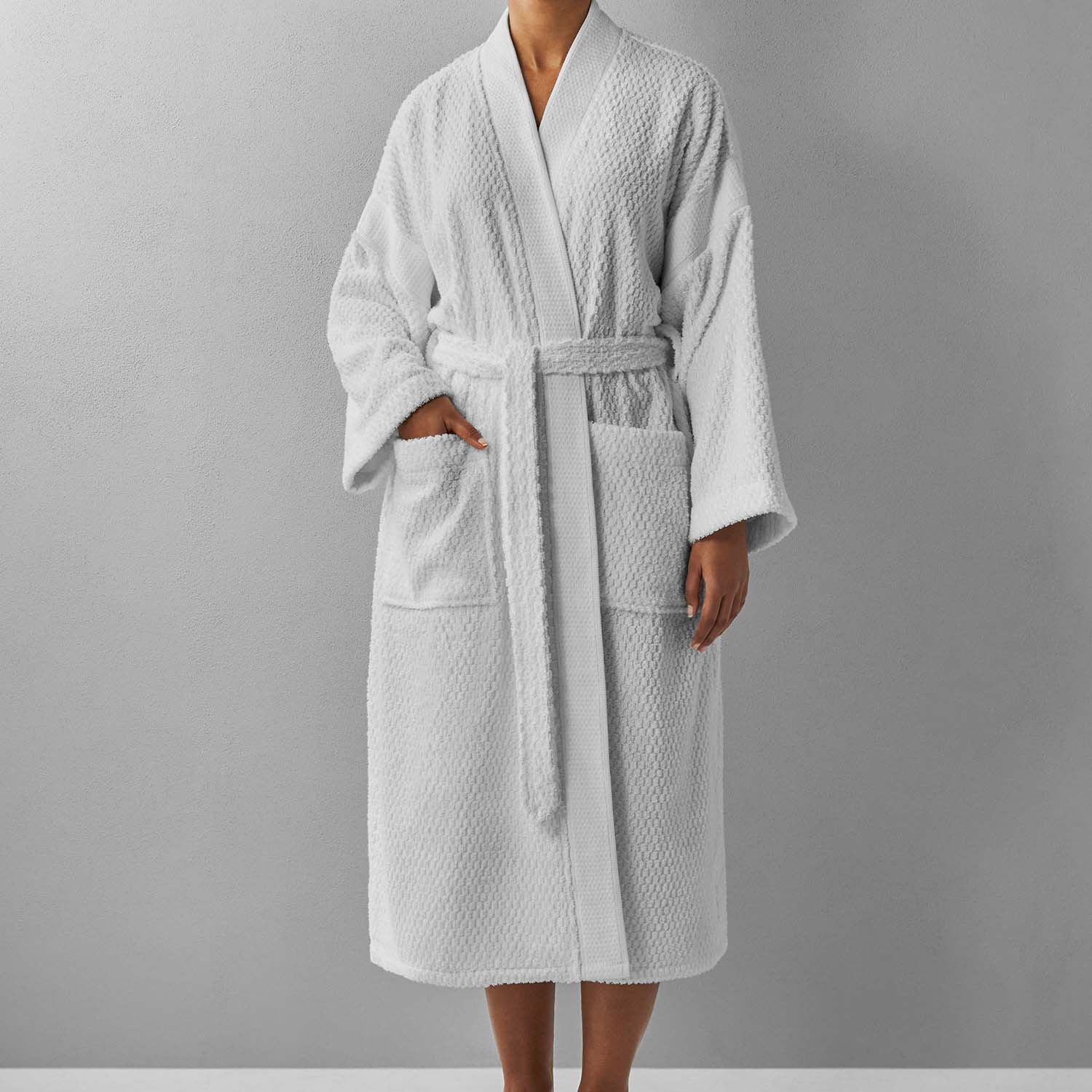 Novotel Jacquard Kimono Robe with braided neckline, statement sleeves, and pockets in soft-touch biconcave pattern.