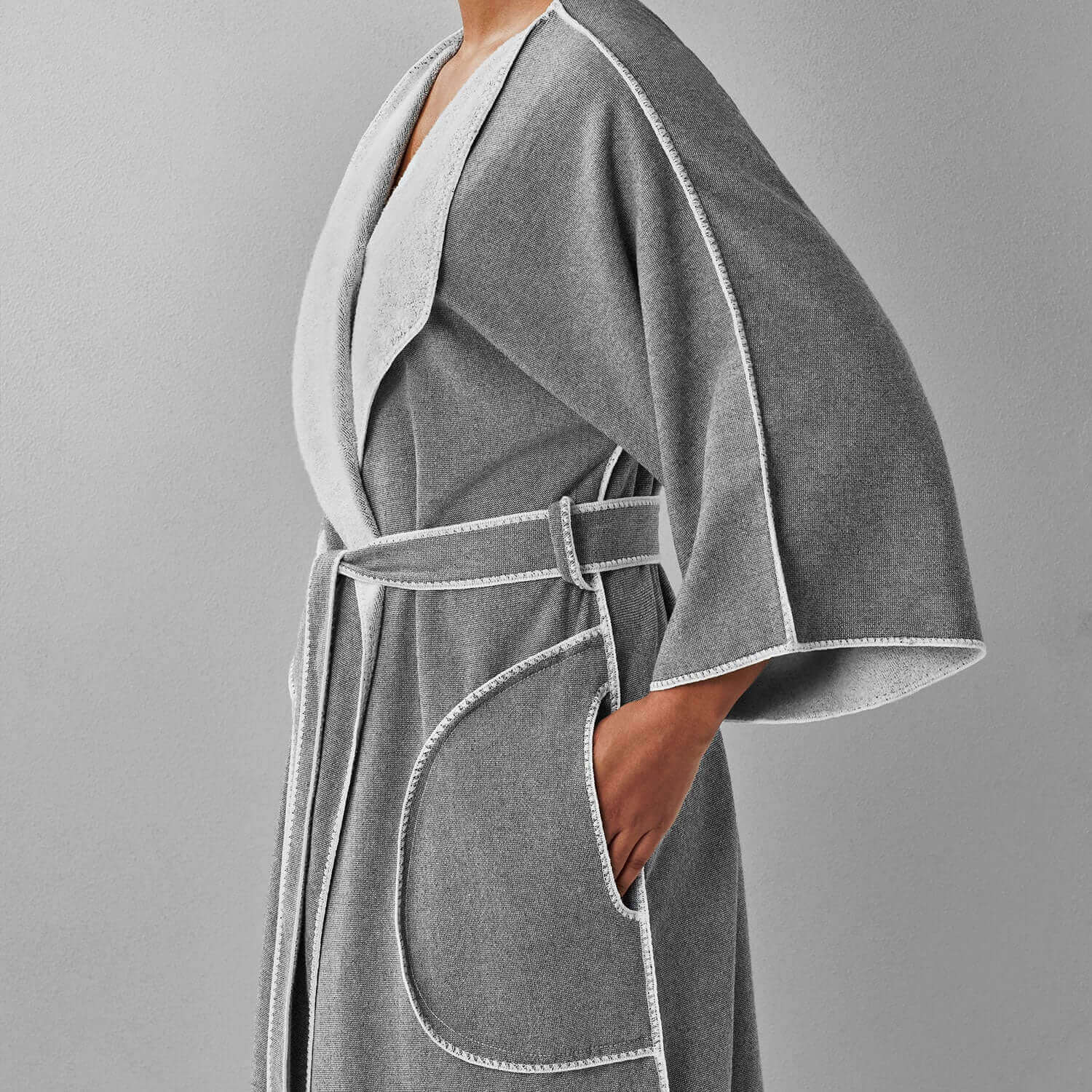 Gray SOL Robe featuring a cardigan lapel, ¾ sleeves, and slash pockets for a cozy, stylish lounge experience.