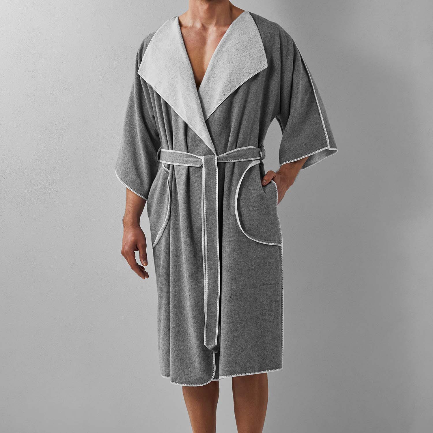 Stylish SOL Robe in gray, featuring cardigan lapel, ¾ sleeves, side pockets, and eco-friendly lightweight cotton design.