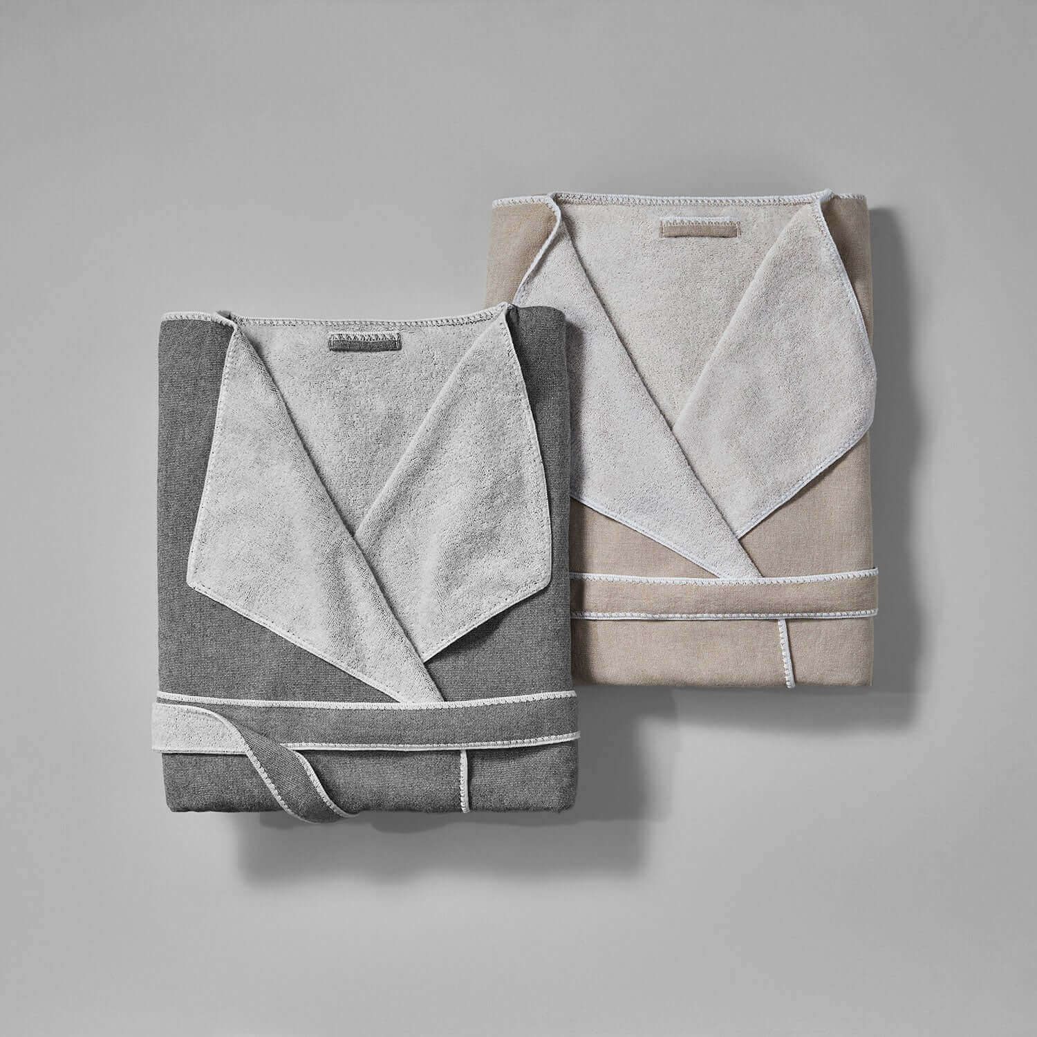 SOL Robe Gray and Beige - Soft 100% cotton terry robes with stylish cardigan lapel and self-tie belts for eco-friendly comfort.