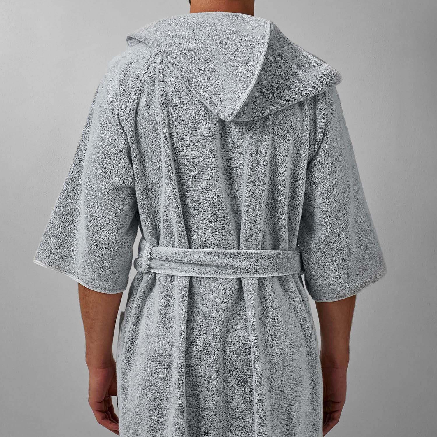 Unisex gray tuxedo hooded robe with self-tie belt, showcasing a sleek and elegant back profile.