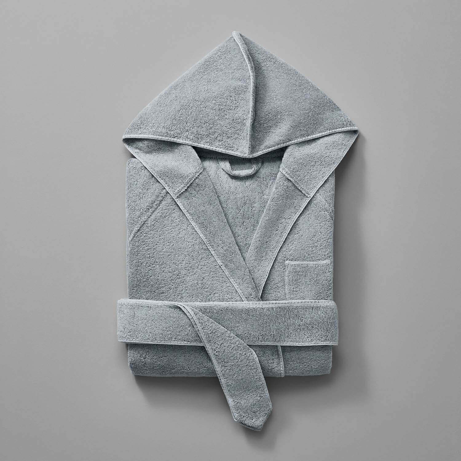 Unisex tuxedo hooded robe in millennial grey, featuring soft fabric, rounded finishes, and self-tie belt for elegant style.