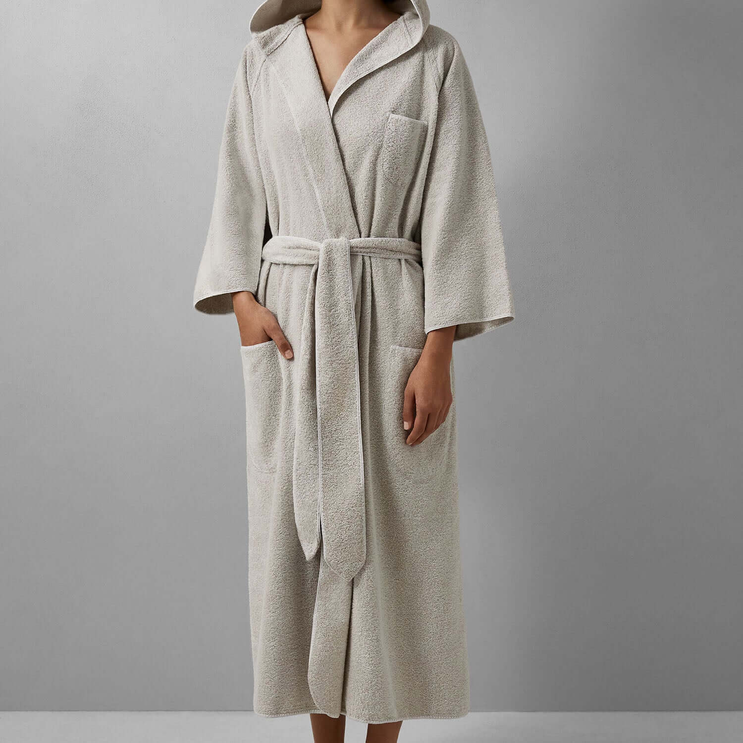 Elegant unisex tuxedo hooded sand robe in millennial grey with pocket and self-tie belt for chic comfort.