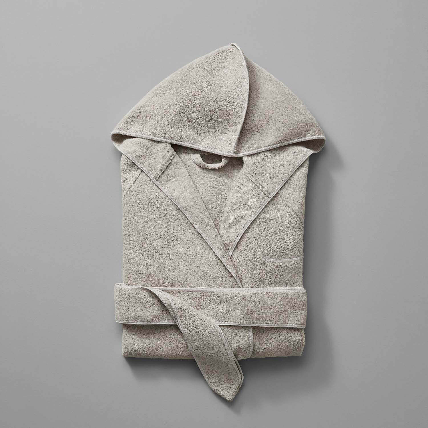 Tuxedo hooded sand robe in millennial grey with silver accents, featuring a self-tie belt and elegant unisex design.