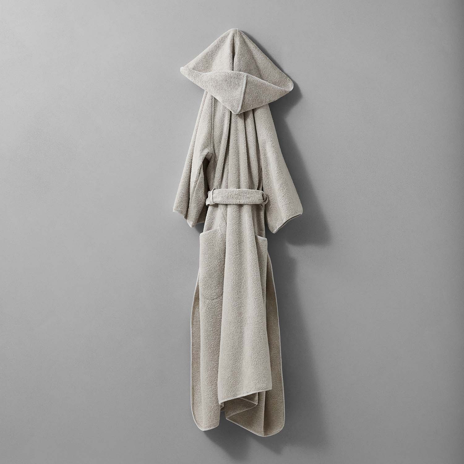 Elegant unisex tuxedo hooded sand robe in millennial grey, featuring softly rounded finishes and self-tie belt.