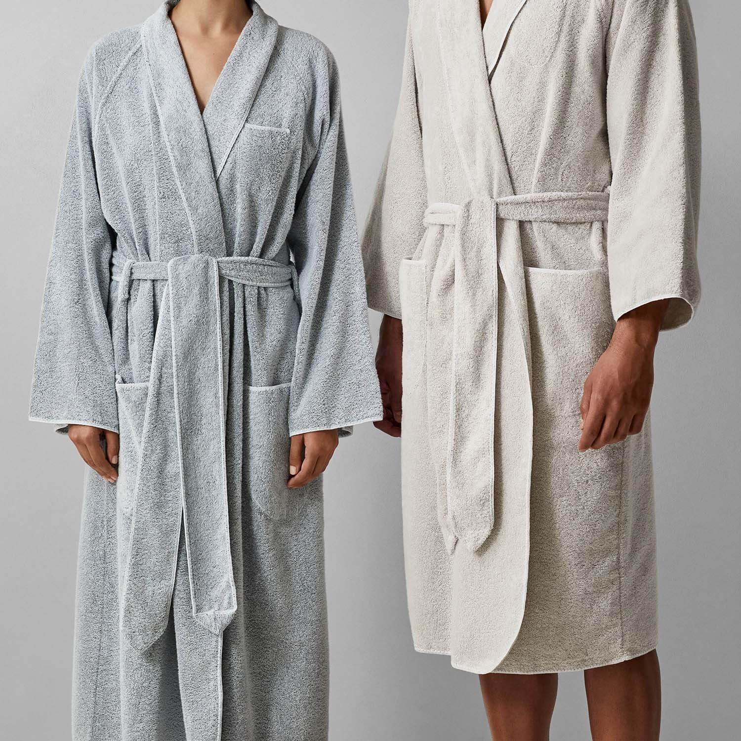 Gray and cream unisex tuxedo shawl robes showcasing elegant style and flattering fit, perfect for comfort and luxury.