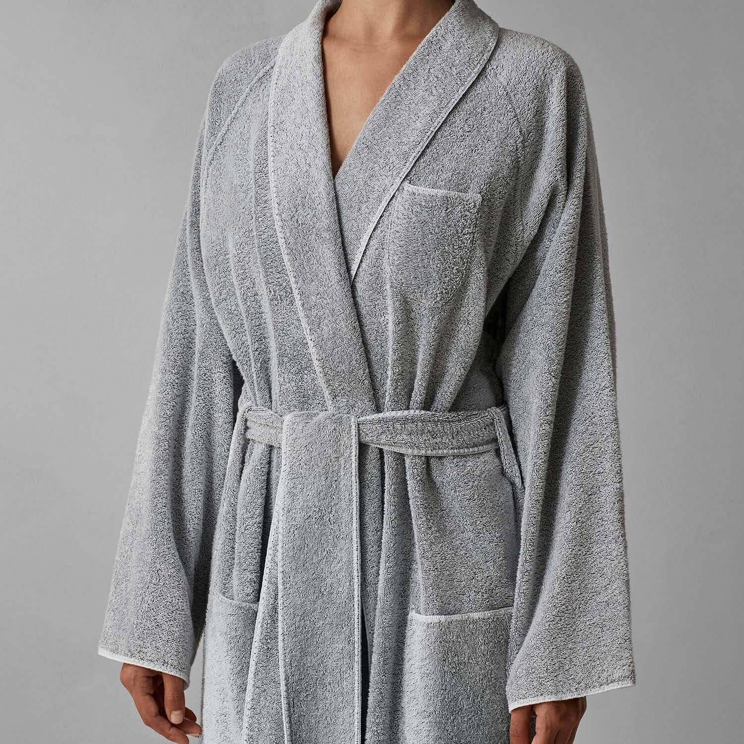 Gray unisex shawl collar tuxedo robe with softly rounded finishes and self-tie belt, ideal for stylish comfort.