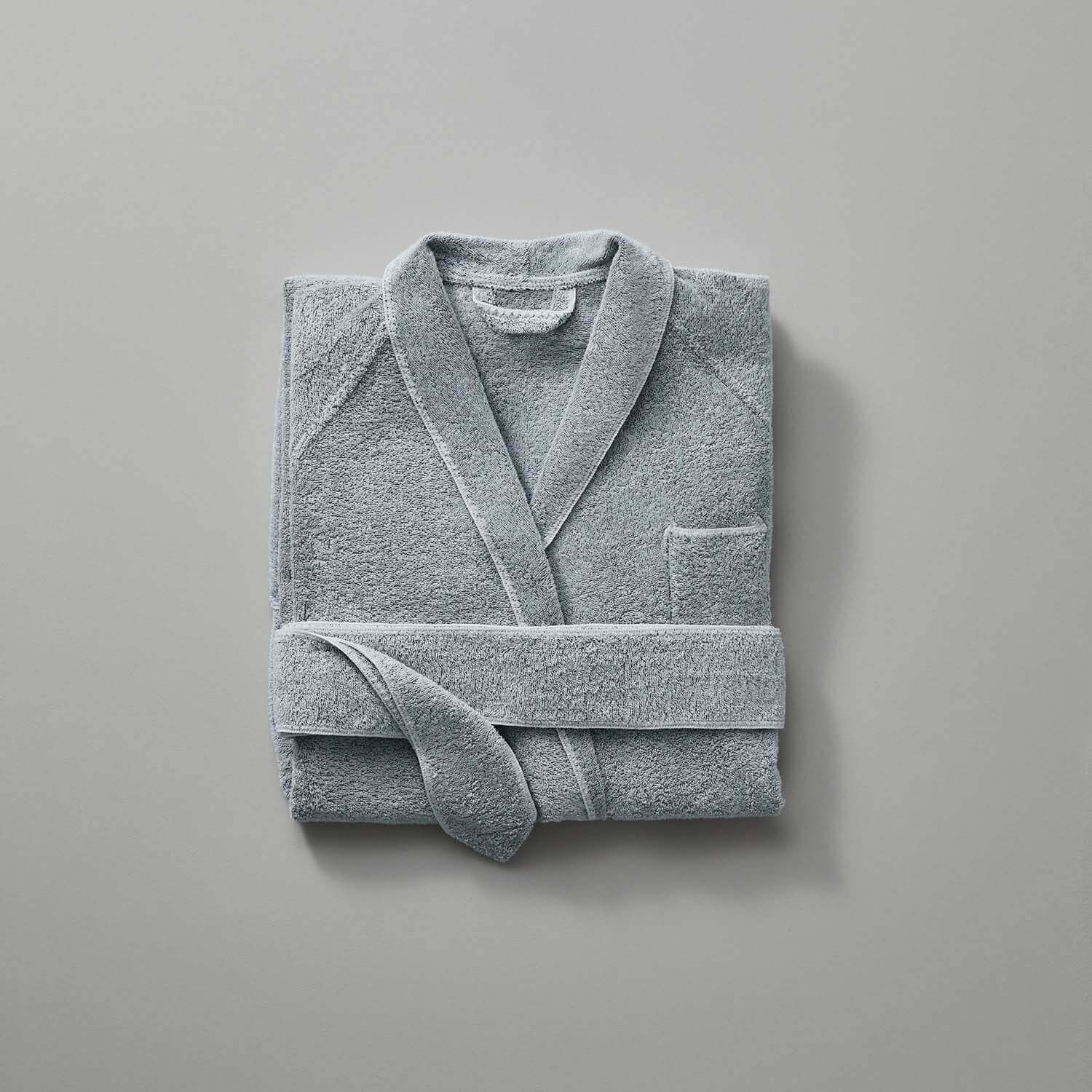 Gray shawl-style velvet tuxedo robe, soft texture, chic unisex design with self-tie belt and pocket detail.