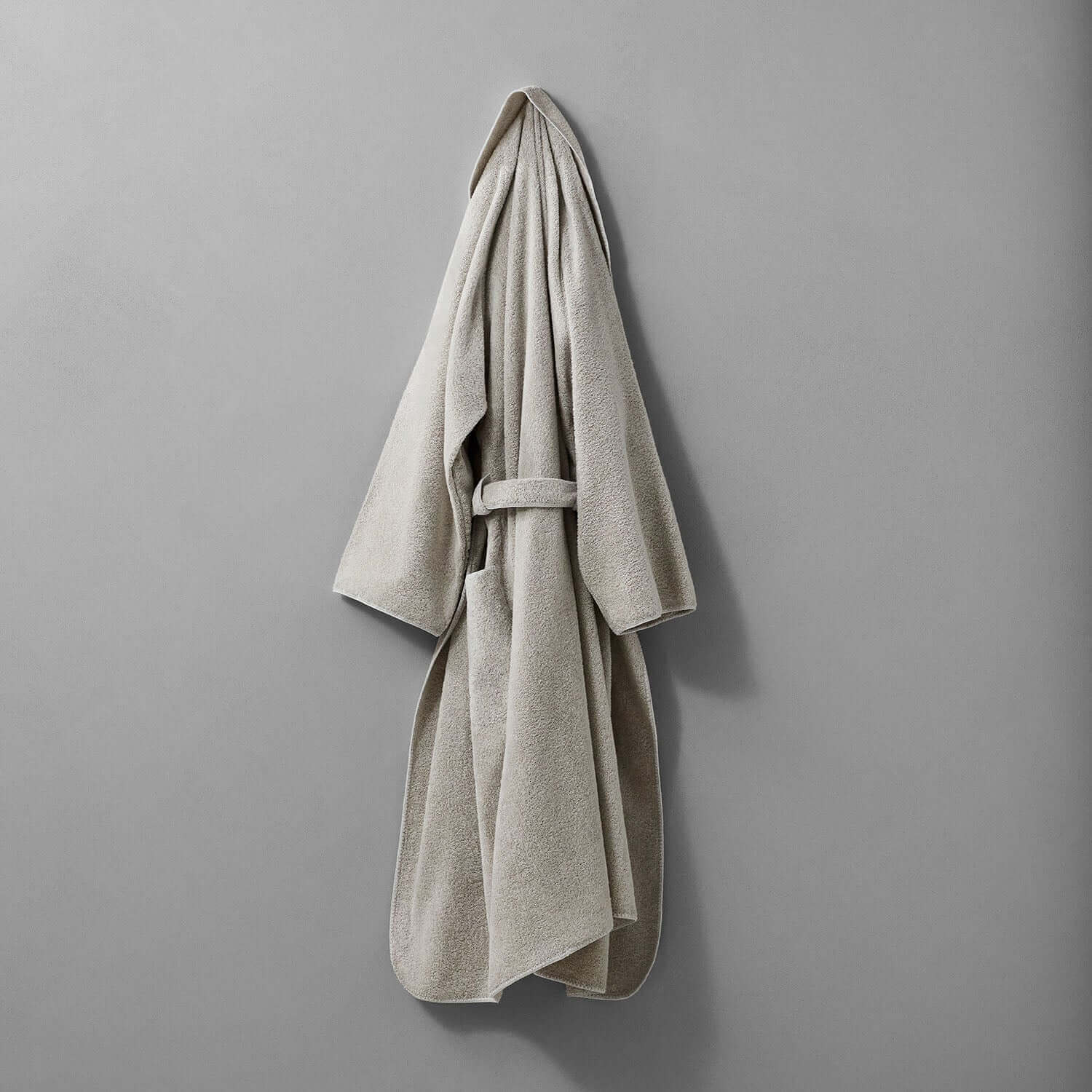 Tuxedo Shawl Sand robe in millennial grey, featuring elegant unisex design and softly rounded hems, perfect for stylish relaxation.