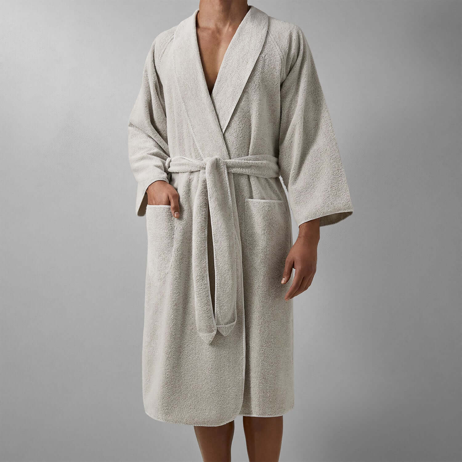 Unisex Tuxedo Shawl Sand robe with pockets and self-tie belt in millennial grey for a chic, elegant look.