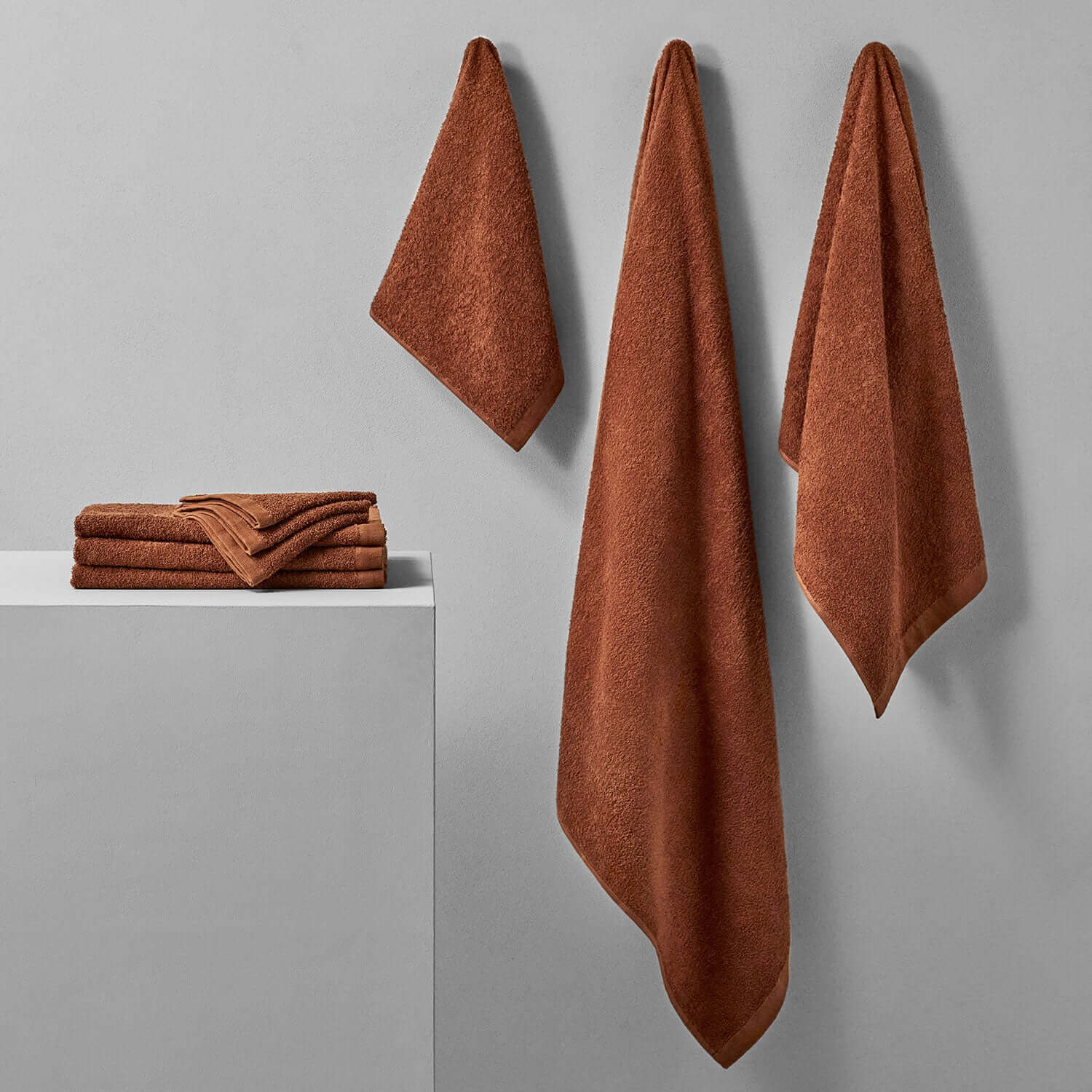 Wabi Sabi copper towels showcasing minimalist design and luxury in a serene bathroom setting.