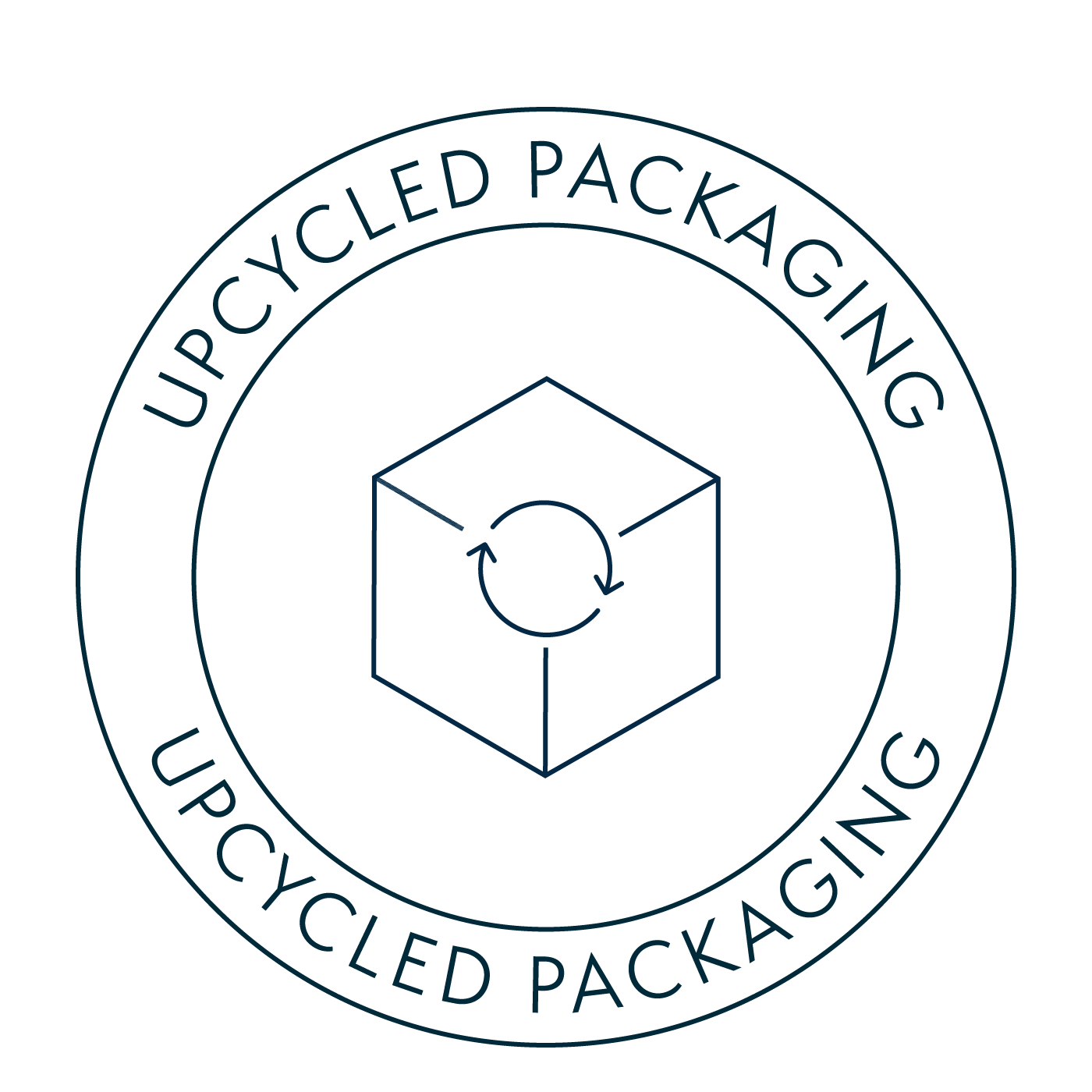 Logo featuring upcycled packaging, promoting sustainability with a circular design.