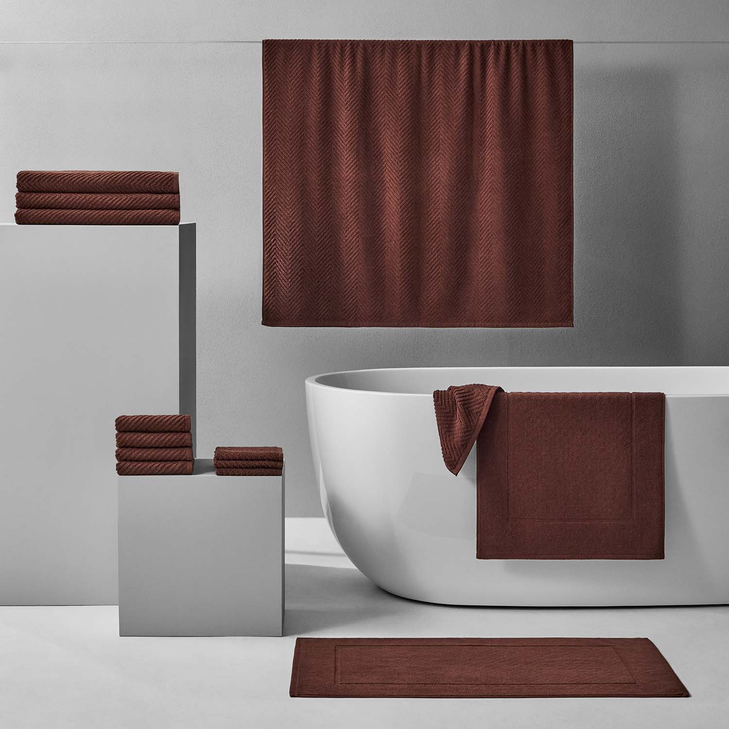 Treatment Bath Bundle Bruno featuring warm earthen tones, soft textures, and versatile durability in a modern bathroom setting.