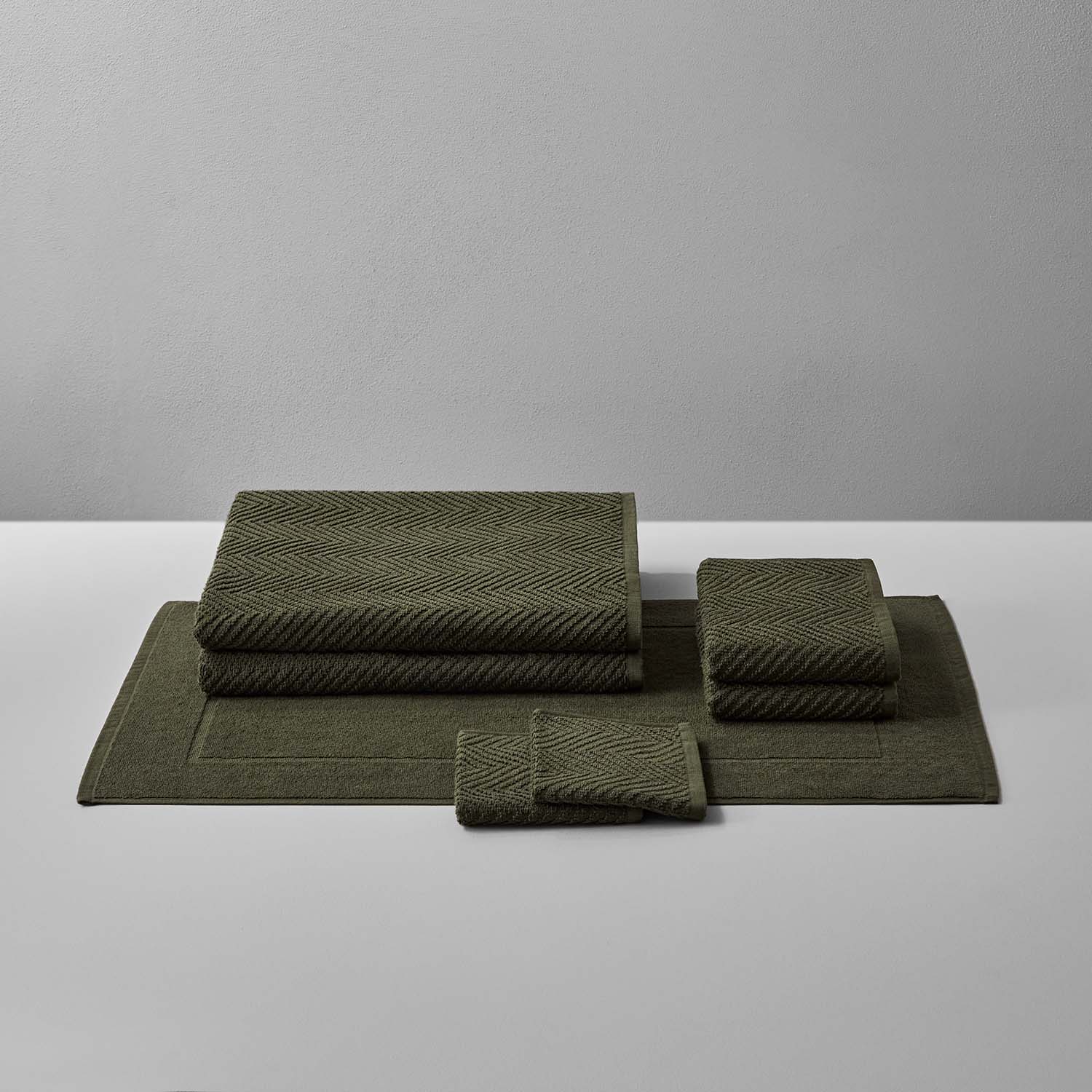 Treatment Bath Bundle Olive featuring warm, earthen tones in soft, durable textiles for relaxation and care.